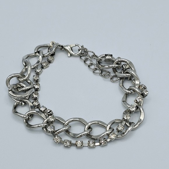 Rhinestone Bracelet Tennis Chain Link Double Strand Statement Jewelry Silvertone - Picture 4 of 9